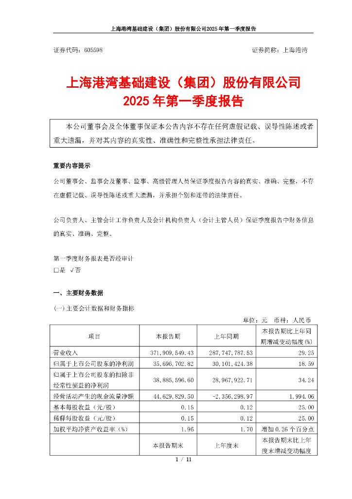 605598-上海港湾：2025年第一季度报告