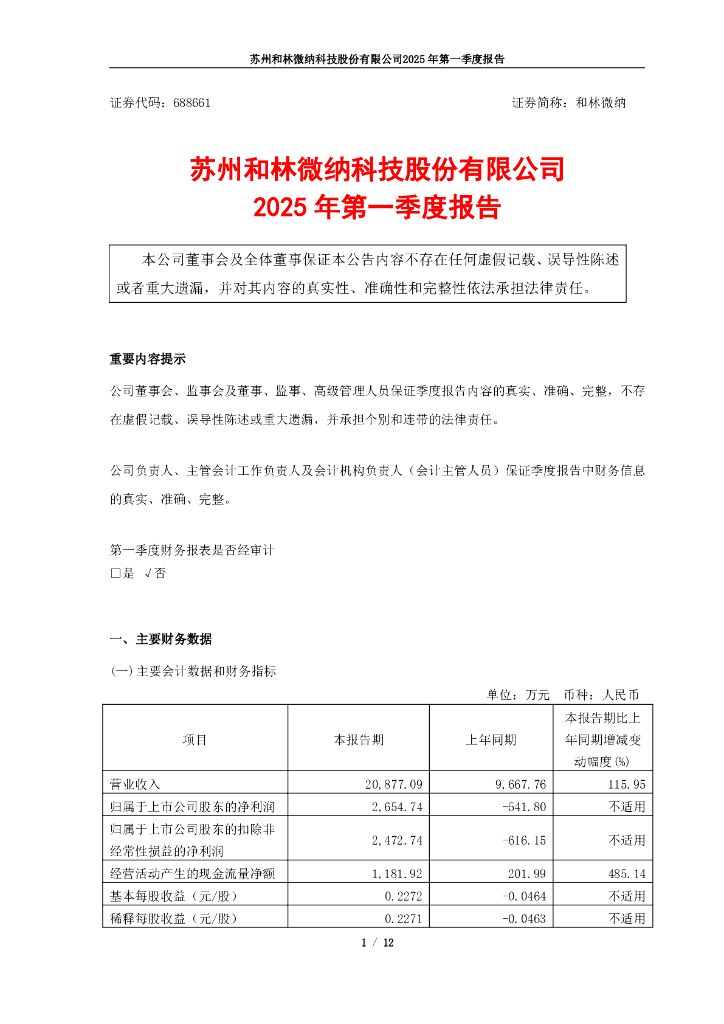 688661-和林微纳：2025年第一季度报告