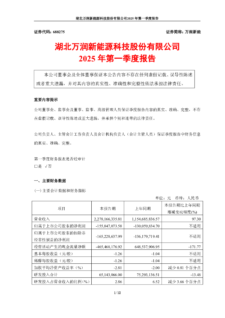 688275-万润新能：2025年第一季度报告