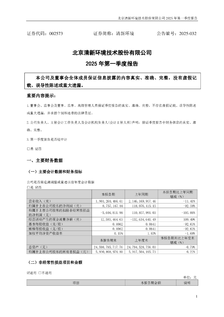 002573-清新环境：2025年一季度报告