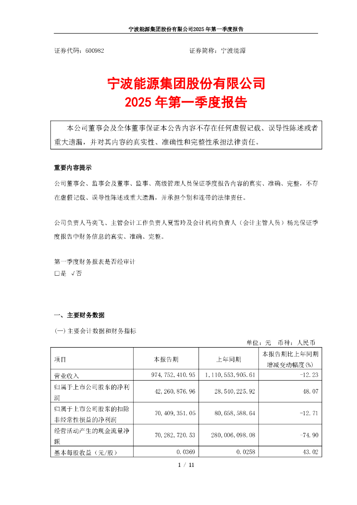 600982-宁波能源：宁波能源2025年第一季度报告
