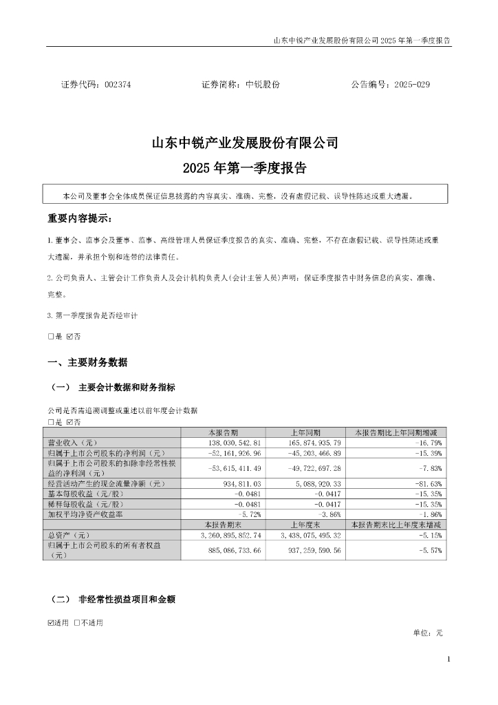 002374-中锐股份：2025年一季度报告