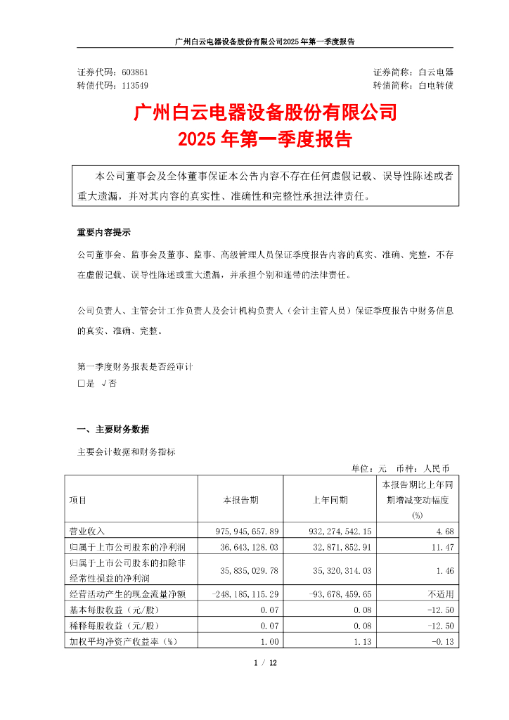 113549-白云电器：白云电器2025年第一季度报告