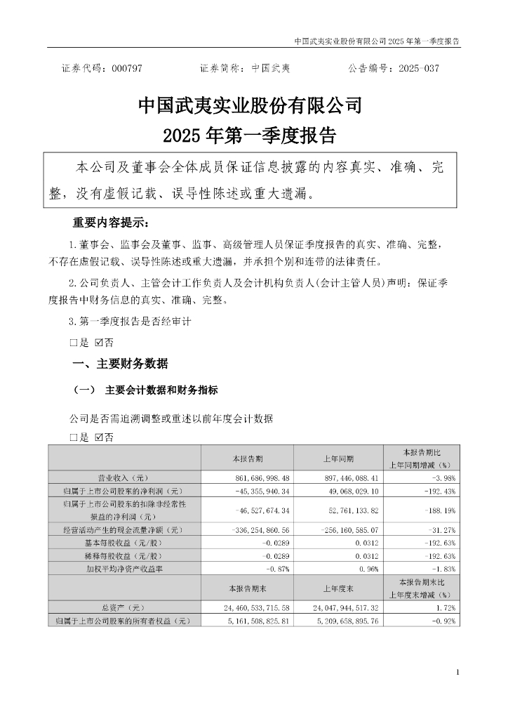 000797-中国武夷：2025年一季度报告