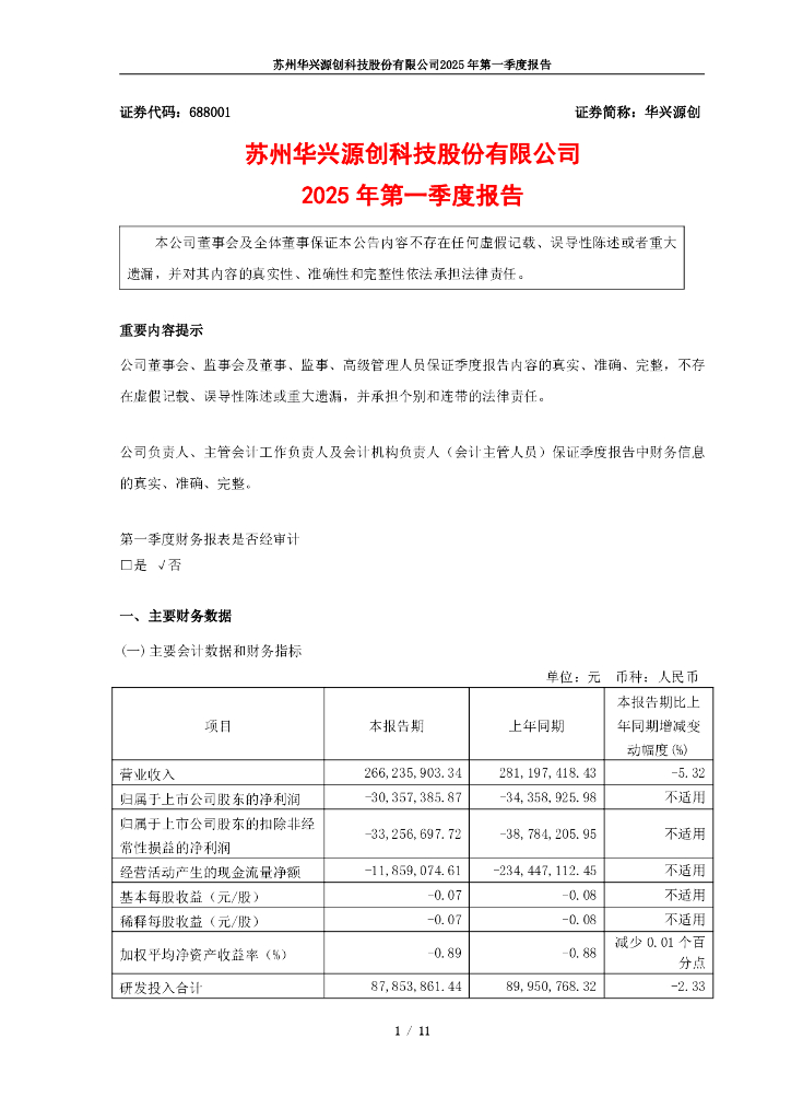 688001-华兴源创：2025年第一季度报告