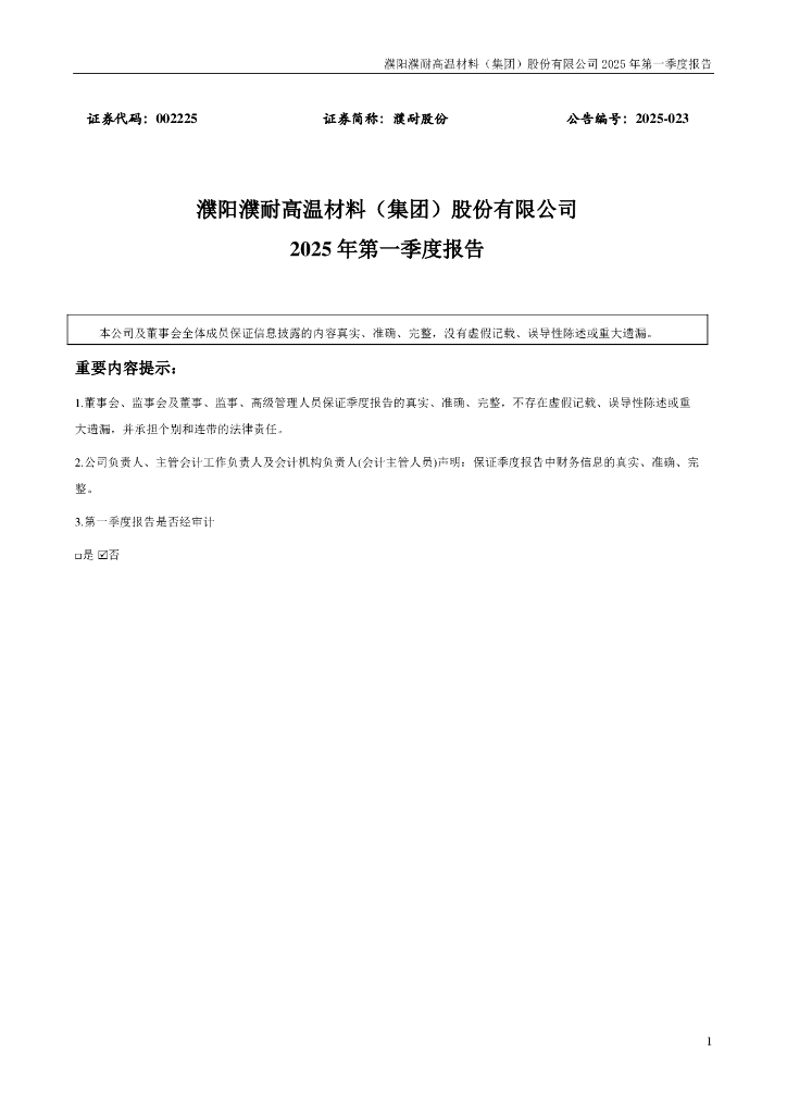002225-濮耐股份：2025年一季度报告