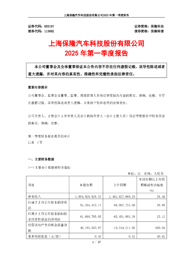 113692-保隆科技：保隆科技2025年第一季度报告