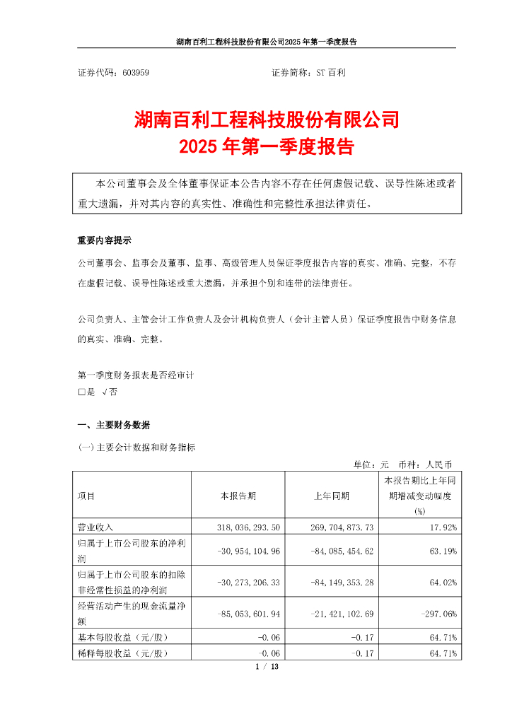 603959-ST百利：百利科技2025年一季度报告