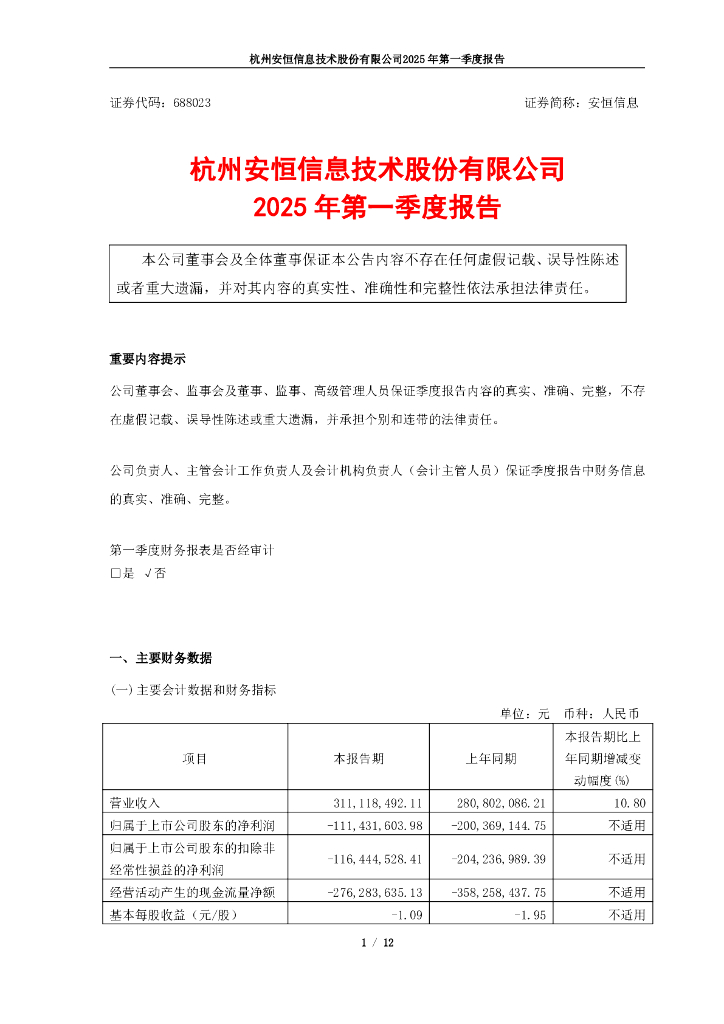 688023-安恒信息：2025年第一季度报告