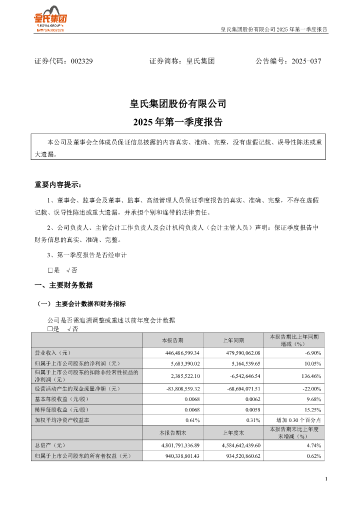 002329-皇氏集团：2025年一季度报告