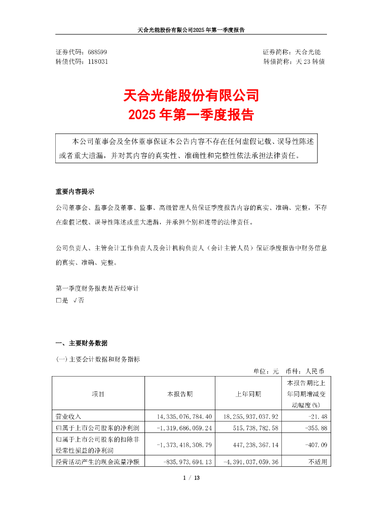 118031-天合光能：天合光能股份有限公司2025年第一季度报告