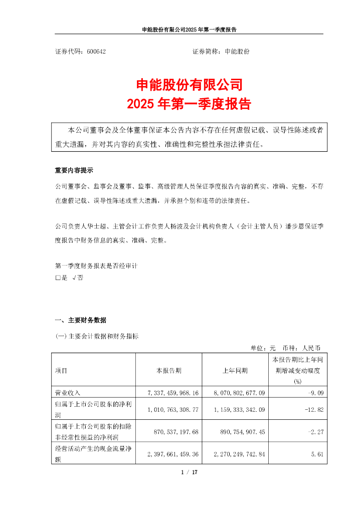 600642-申能股份：申能股份有限公司2025年一季度报告