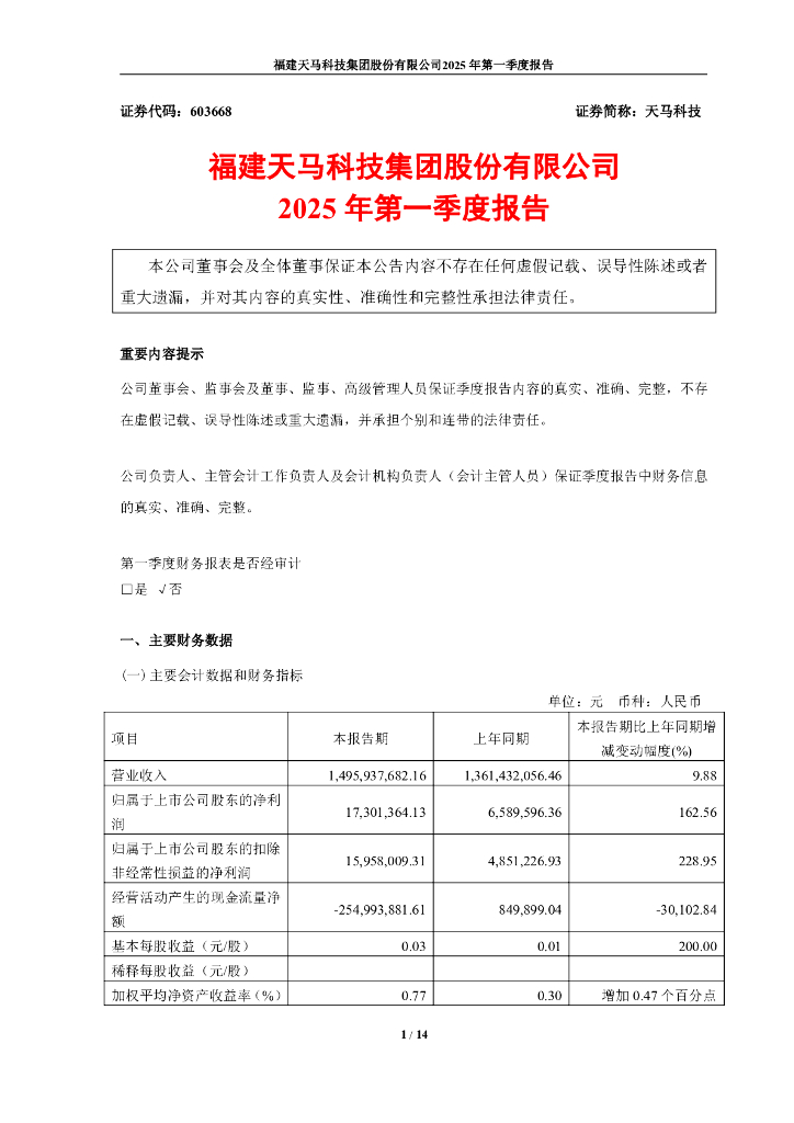 603668-天马科技：天马科技2025年第一季度报告