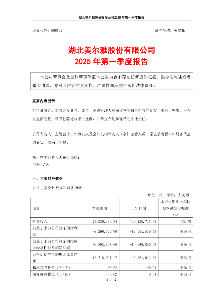 600107-美尔雅：2025年第一季度报告