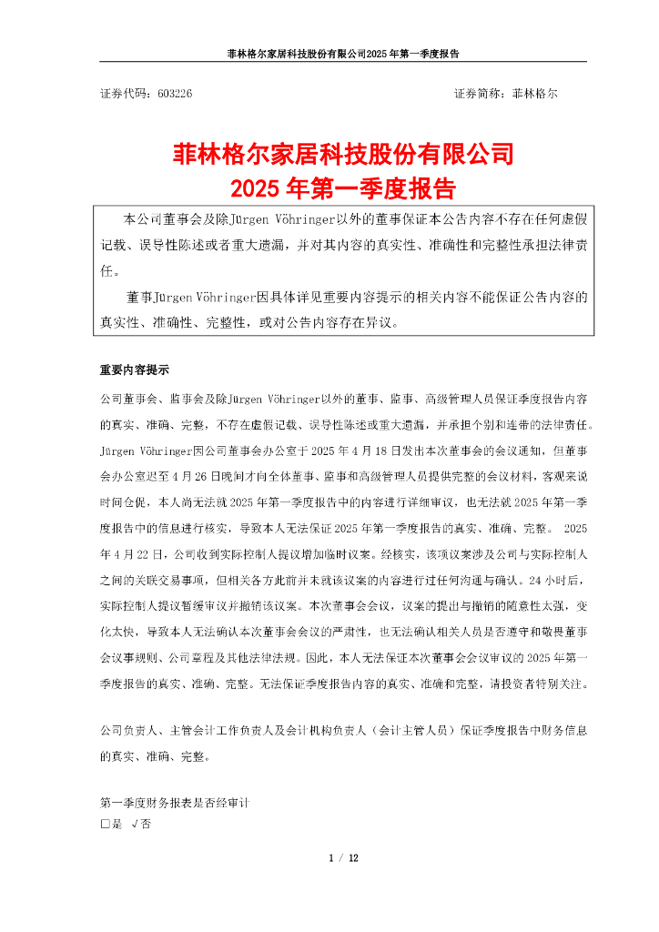 603226-菲林格尔：2025年第一季度报告
