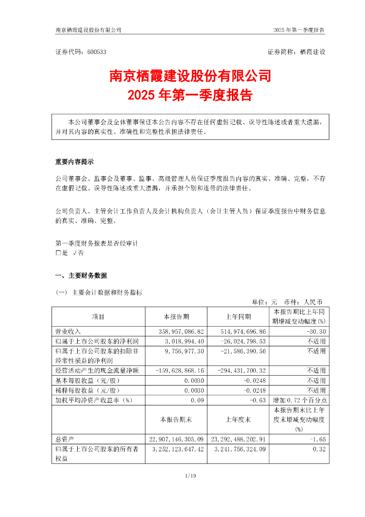 600533-栖霞建设：栖霞建设2025年第一季度报告