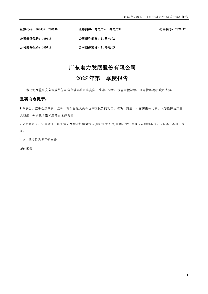 000539-粤电力Ａ：2025年一季度报告