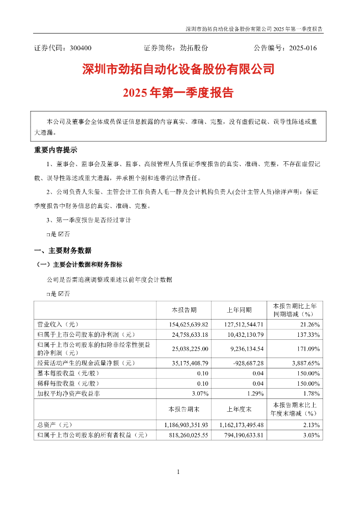 300400-劲拓股份：2025年一季度报告