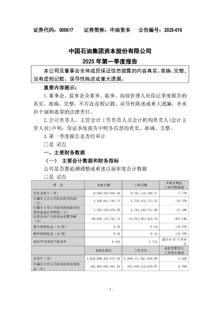 000617-中油资本：2025年一季度报告