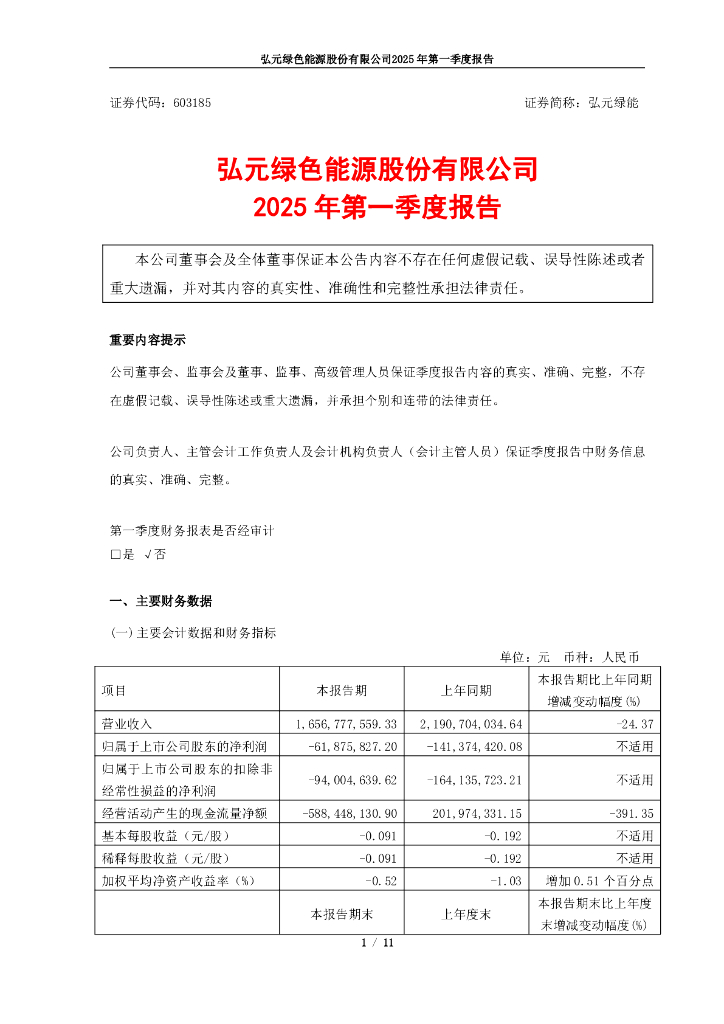 603185-弘元绿能：2025年第一季度报告