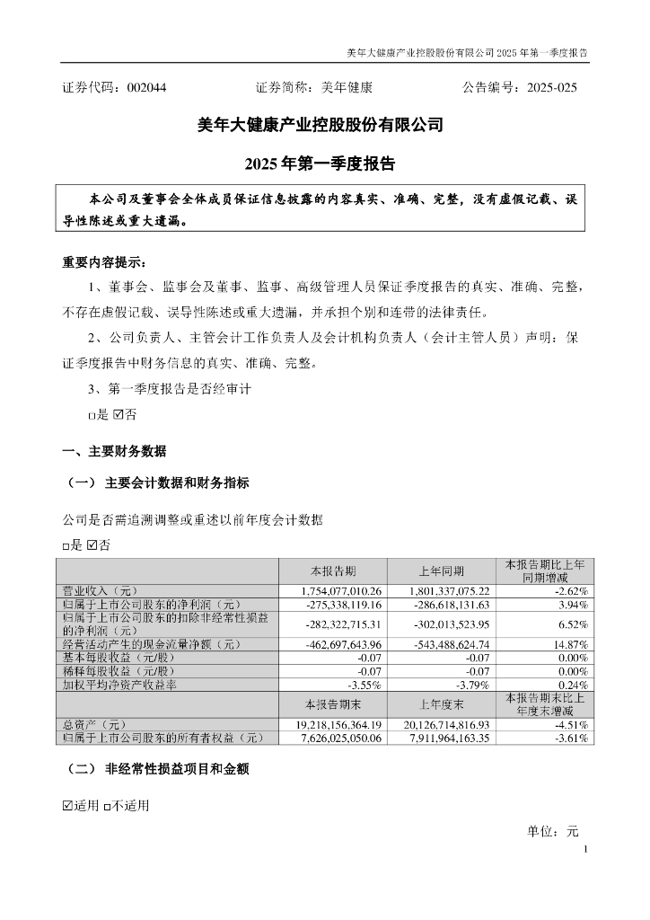 002044-美年健康：2025年一季度报告