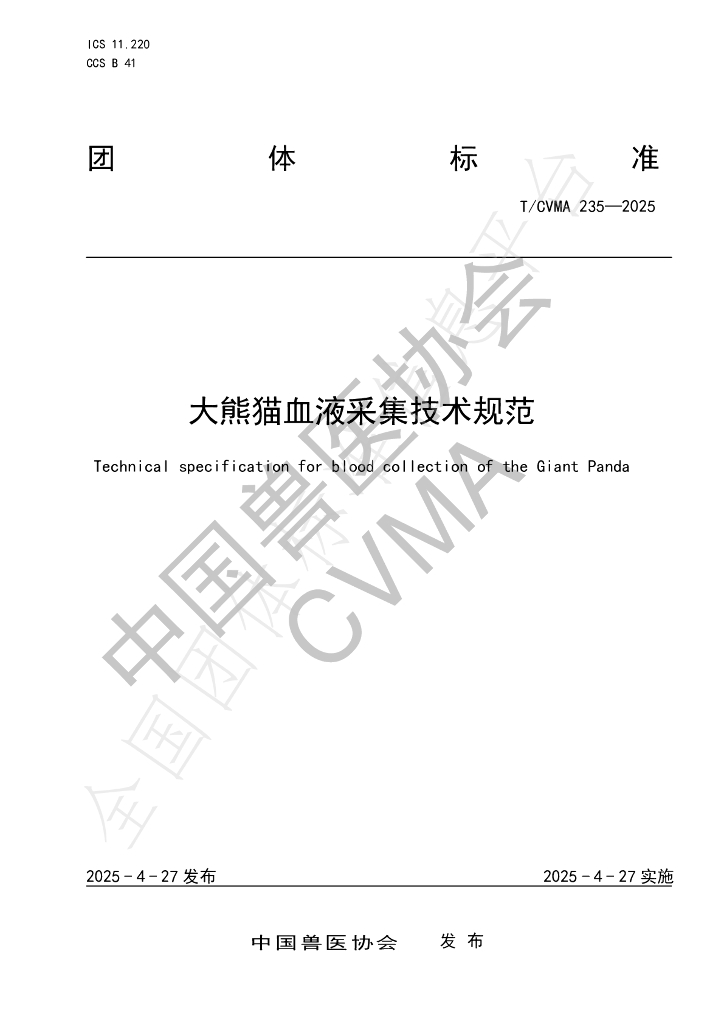 T/CVMA 235-2025 大熊猫血液采集技术规范