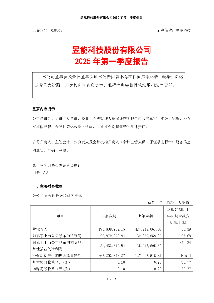 688348-昱能科技：2025年第一季度报告