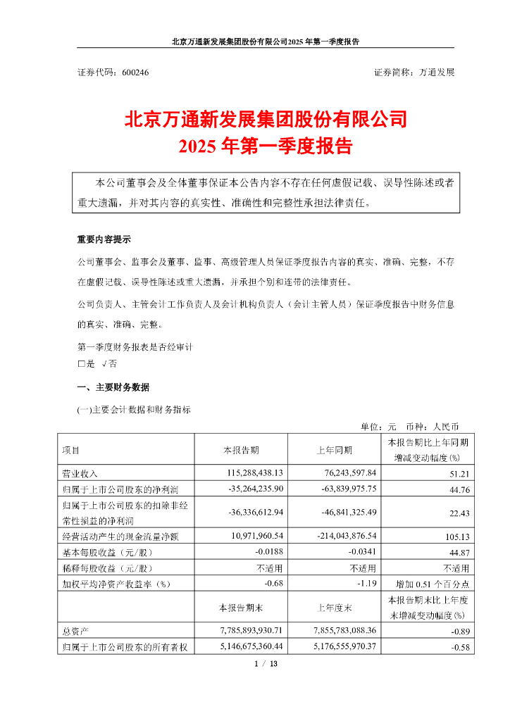 600246-万通发展：2025年第一季度报告