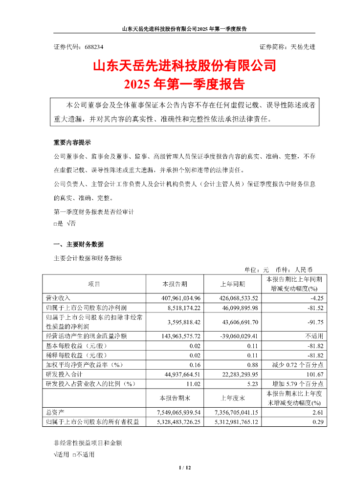 688234-天岳先进：山东天岳先进科技股份有限公司2025年第一季度报告