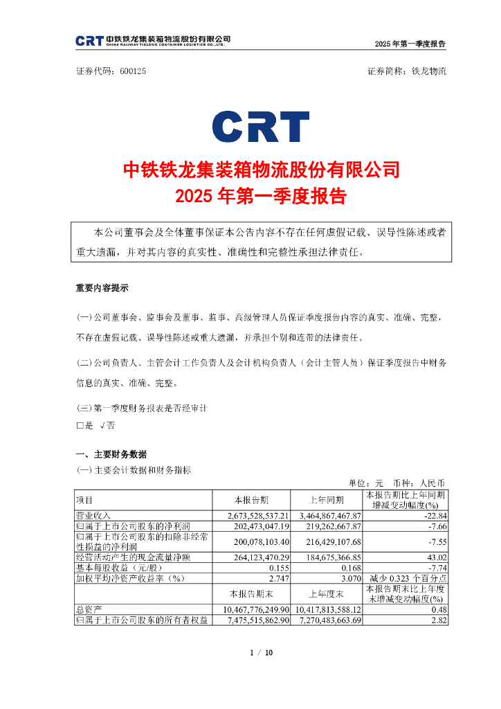 600125-铁龙物流：600125_铁龙物流_2025年_一季度报告