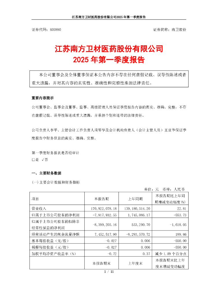 603880-南卫股份：南卫股份2025年第一季度报告