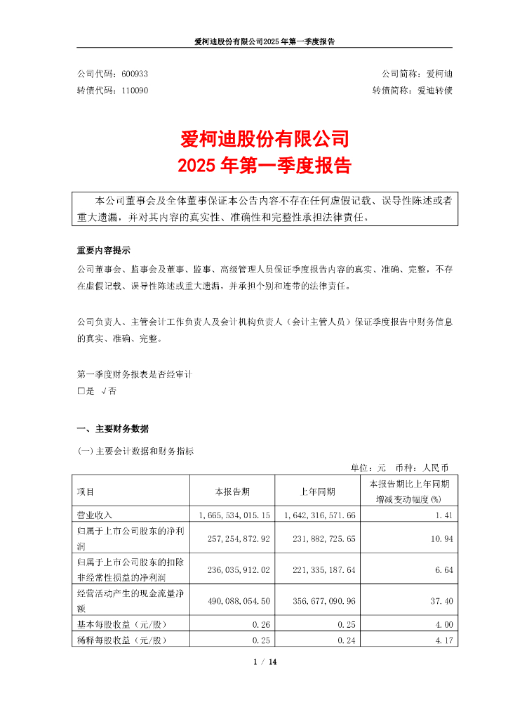 110090-爱柯迪：2025年第一季度报告