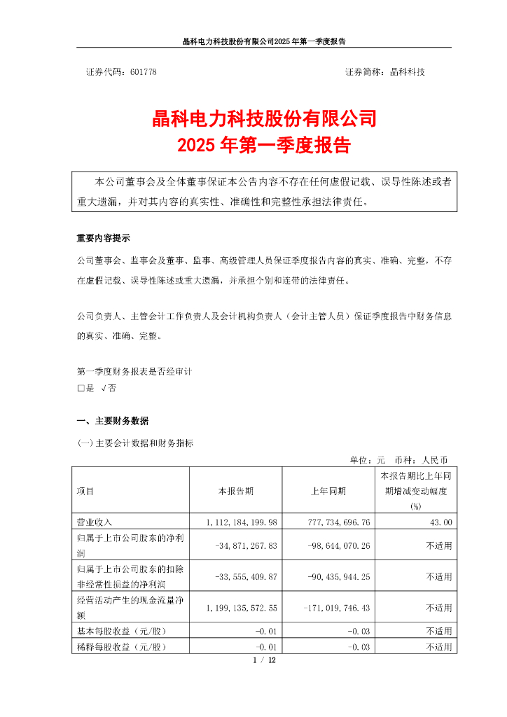 601778-晶科科技：2025年第一季度报告
