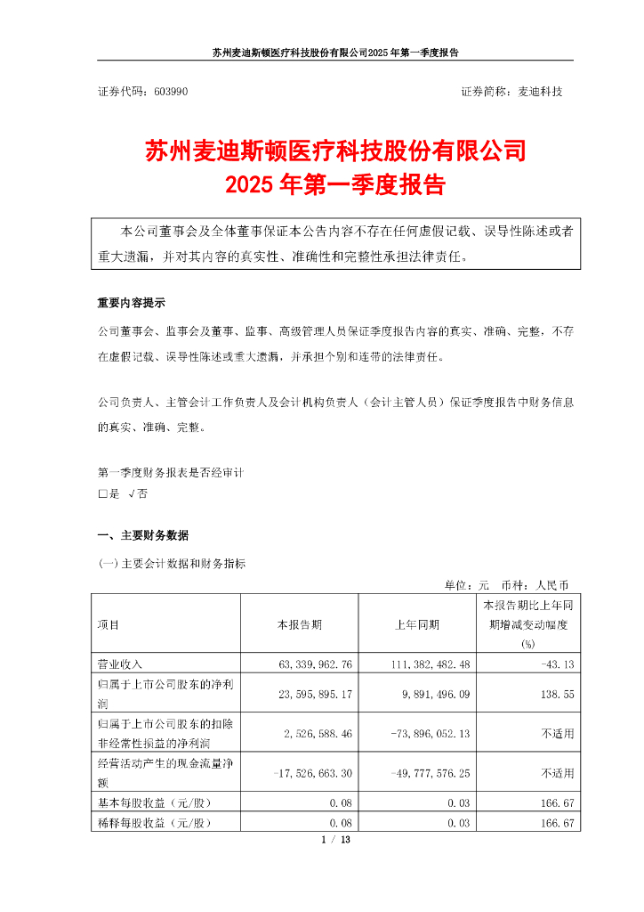 603990-麦迪科技：苏州麦迪斯顿医疗科技股份有限公司2025年第一季度报告