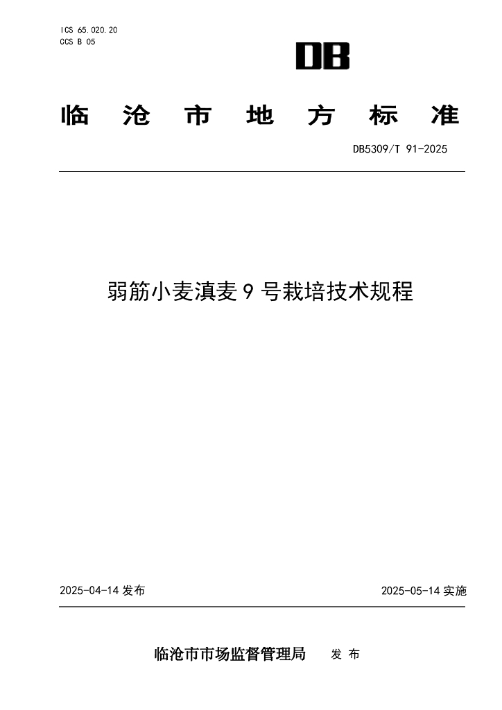 DB5309/T 91-2025 弱筋小麦滇麦9号栽培技术规程