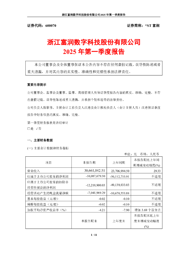 600070-*ST富润：2025年第一季度报告