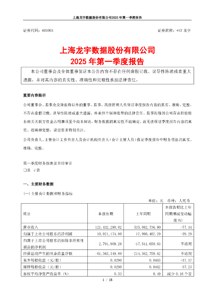 603003-*ST龙宇：上海龙宇数据股份有限公司2025年第一季度报告