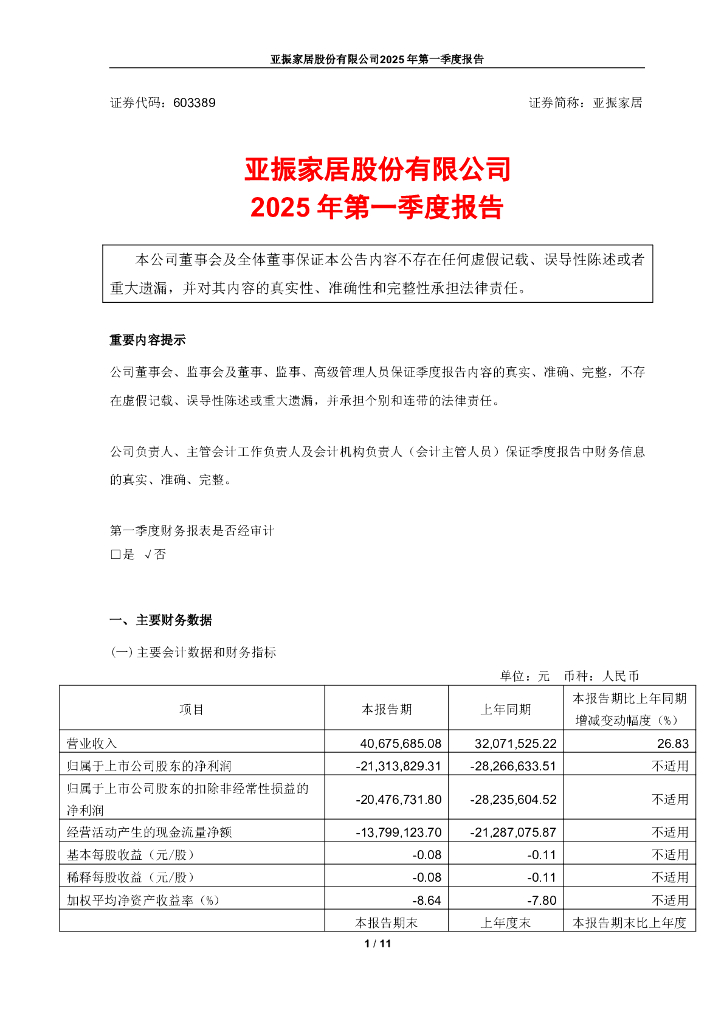 603389-亚振家居：2025年第一季度报告