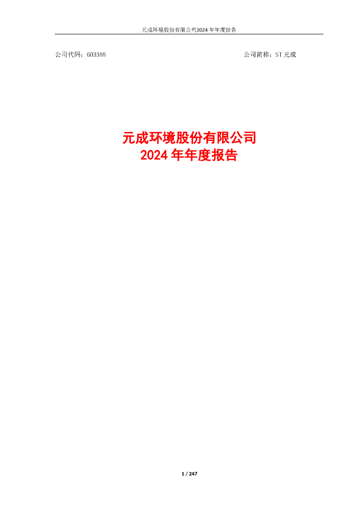 603388-ST元成：元成环境股份有限公司2024年年度报告