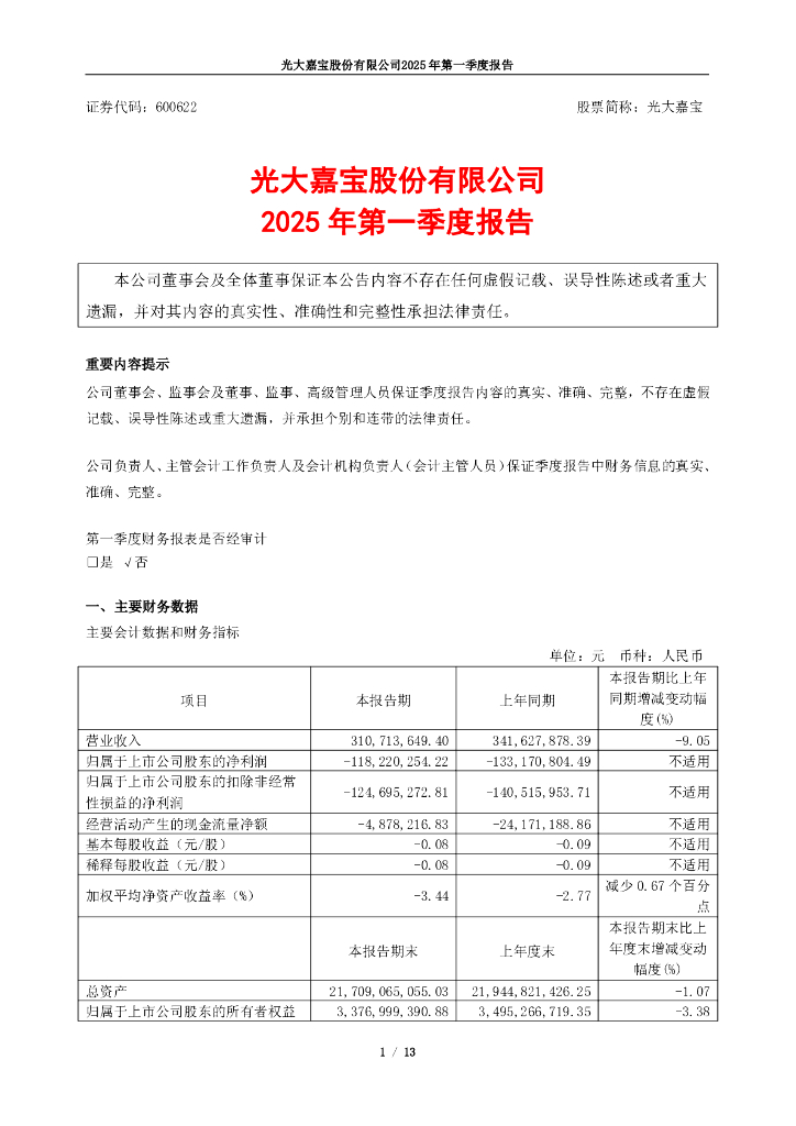 600622-光大嘉宝：光大嘉宝股份有限公司2025年第一季度报告
