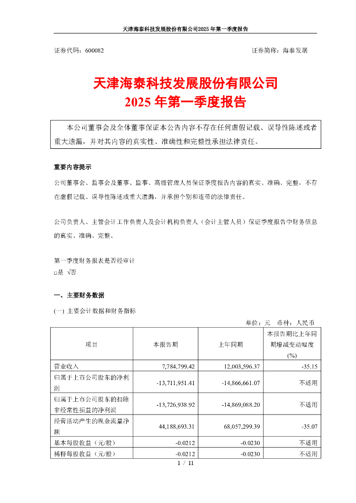 600082-海泰发展：天津海泰科技发展股份有限公司2025年第一季度报告