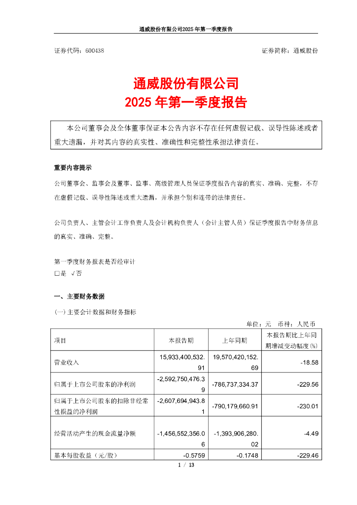 600438-通威股份：通威股份有限公司2025年第一季度报告
