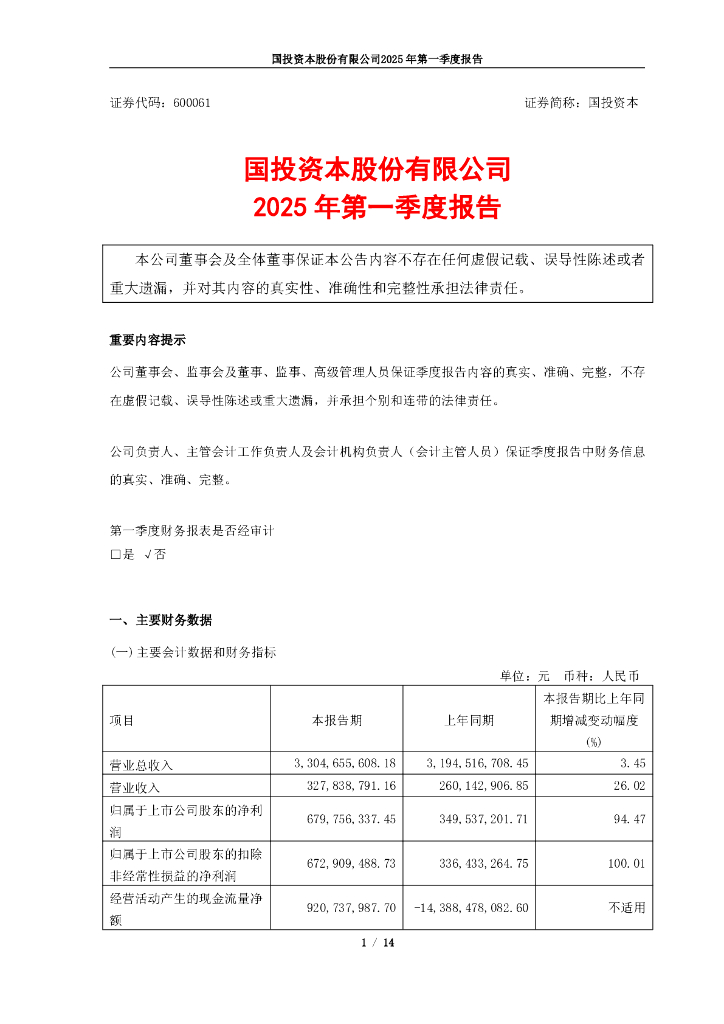 600061-国投资本：国投资本股份有限公司2025年第一季度报告(更正后)