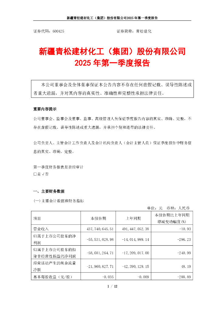 600425-青松建化：青松建化2025年第一季度报告(更新后)