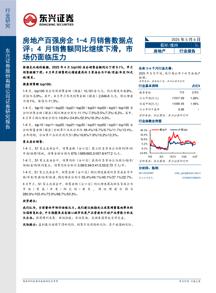 东兴证券：房地产百强房企1-4月销售数据点评：4月销售额同比继续下滑，市场仍面临压力海报