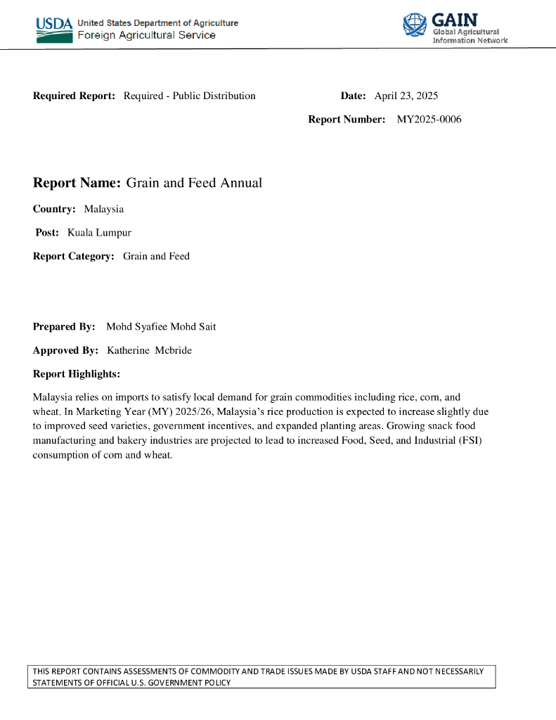 美国农业部（USDA）：2025年马来西亚谷物与饲料市场年度报告（英文版）
