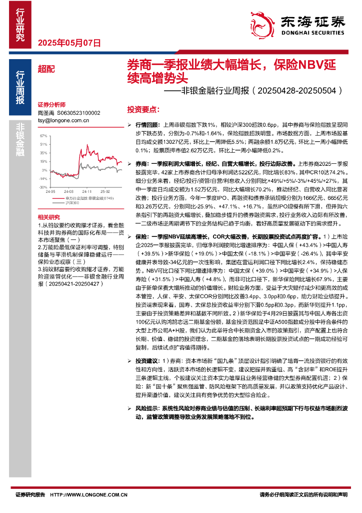 东海证券：非银金融行业周报：券商一季报业绩大幅增长，保险NBV延续高增势头海报