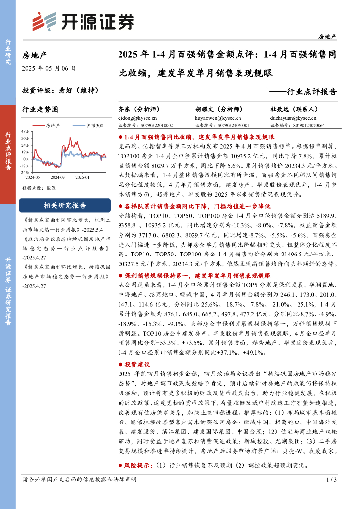 开源证券：房地产行业点评报告：2025年1-4月百强销售金额点评：1-4月百强销售同比收缩，建发华发单月销售表现靓眼