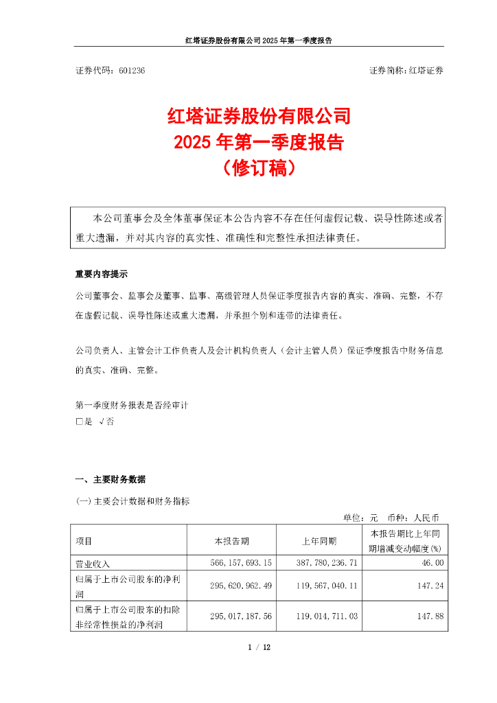 601236-红塔证券：红塔证券股份有限公司2025年第一季度报告(修订稿)