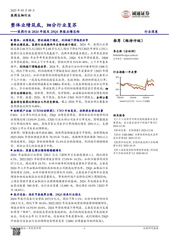 诚通证券：医药行业2024年报及25Q1季报业绩总结：整体业绩筑底，细分行业复苏海报